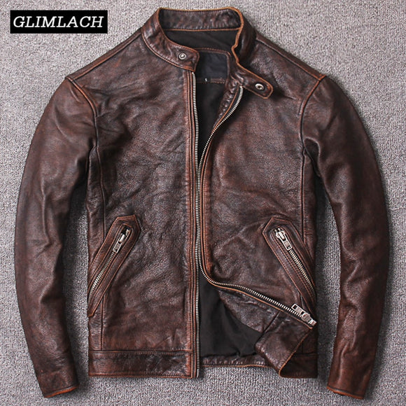 New Autumn Vintage Brown Genuine Cow Leather Coats Men Quality Cowskin Slim Real Leather Motorcycle Jackets Fashion Biker Jacket